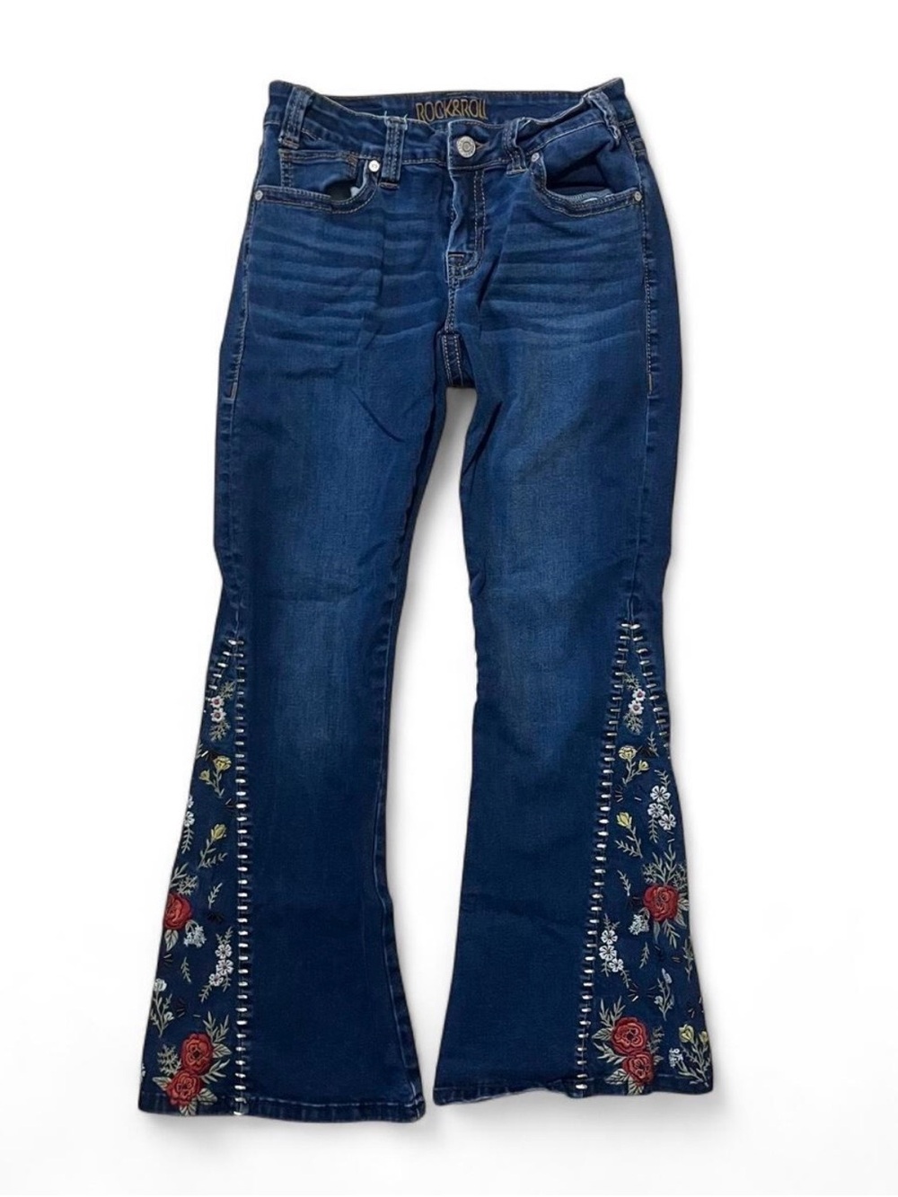 Rock & Roll Cowgirl Denim Embroidered Dark Blue Flare Jeans